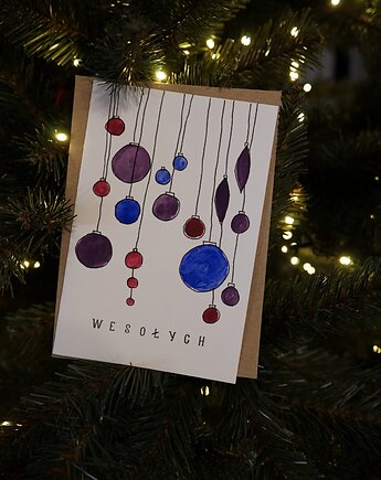 Kartka Świąteczna Fioletowe Bombki, akwarela., decotyw