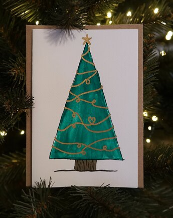 Kartka Świąteczna Choinka ze Złotem, akwarela., decotyw