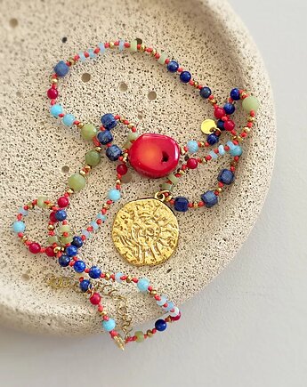 Naszyjnik na sznurku koral, jadeit, lapis lazuli, amazonit, Magneska