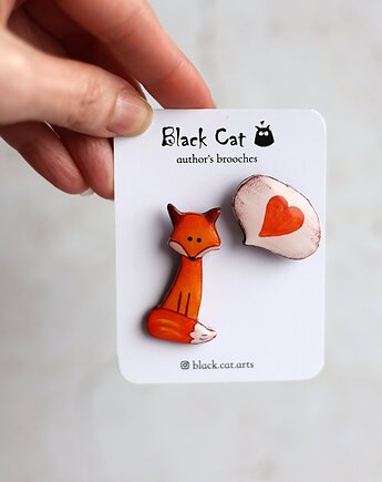 Komplet broszek Lisek + Serce. Ręcznie malowane, Black Cat