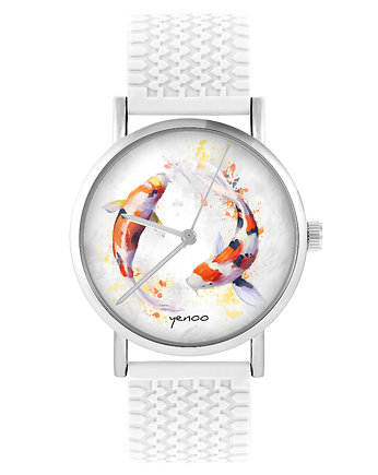 Zegarek - Karpie Koi - silikonowy, biały, OSOBY - Prezent dla chłopaka na urodziny