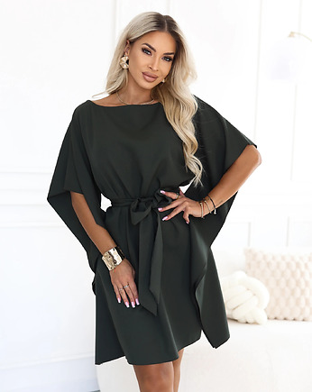 287-46 SOFIA Kobieca sukienka typu motyl z wiązaniem w pasie - ciemny khaki, NUMOCO