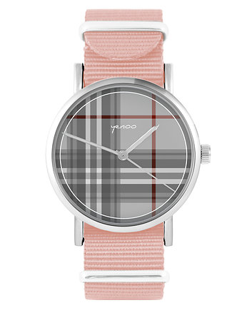 Zegarek - Szkocka krata - brzoskwiniowy róż, yenoo