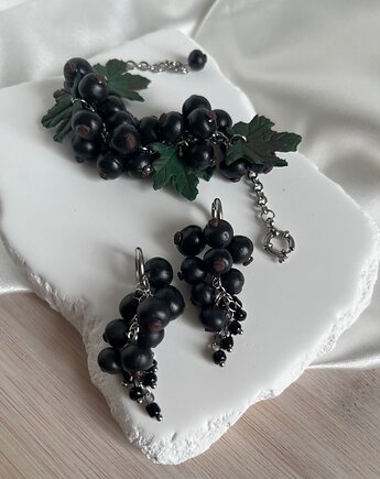 Komplet Biżuterii Czarna Porzeczka - Bransoletka i Kolczyki, Letni Styl, MariaPolymer