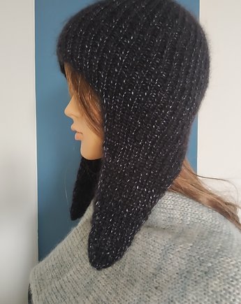 Czapka z uszkami czarno -grafitowa, Knit Couture