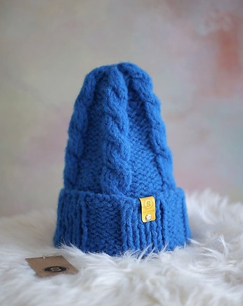 Wełniana czapka z warkoczami LULLABY 100 % alpaka niebieska, sploteka