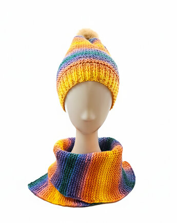 6914 Wielokolorowa Czapka Zimowa z Neonowym Pomponem, kama4you