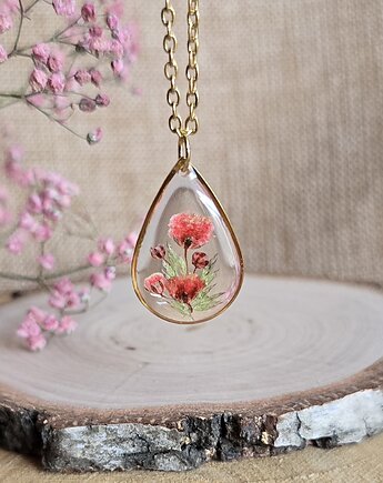 Złoty wisiorek prawdziwe kwiaty zawieszka łezka łza naszyjnik, zkwiatem