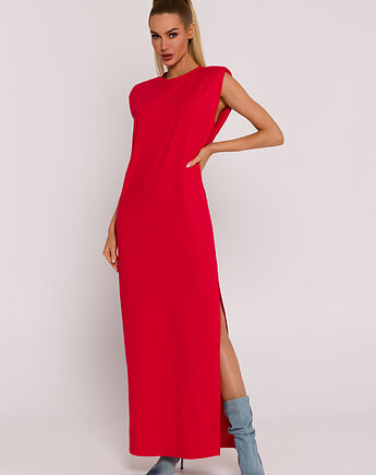 Sukienka maxi z poduszkami na ramionach - czerwona(M-790), MOE