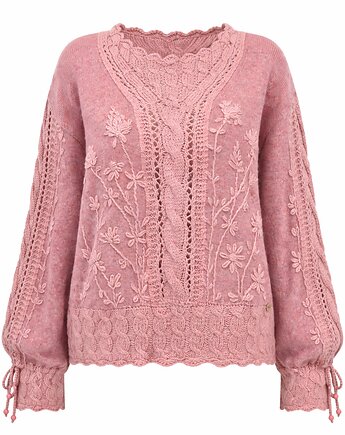 Sweter różowy z warkoczami i haftami, rozmiar XL/XXL, Z drugiej nitki