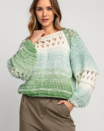 Sweter ażurowy o grubszym splocie chunky knit F1976 zielony, FOBYA