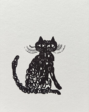 Grafika z czarnym kotem pt "Zamyślony", ilustracja kot, kasiakucwaj