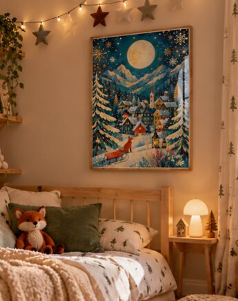 PLAKAT pokój dziecka ilustracja skandynawska zimowa wioska, black dot studio