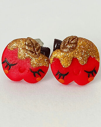 Śmieszne kolczyki jabłuszka w karmelu czerwone jabłka na Halloween, OMIFIMO