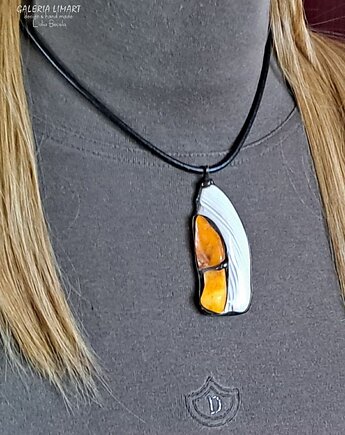 Krzemień pasiasty i bursztyn w designerskim wisiorze ręcznie robionym gift LUX, Galeria Limart