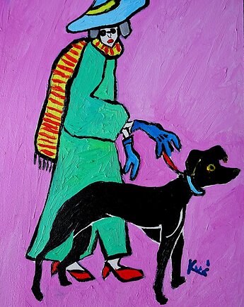 Kolorowy obraz olejny do salonu portret kobiety z pieskiem, alice oil on canvas