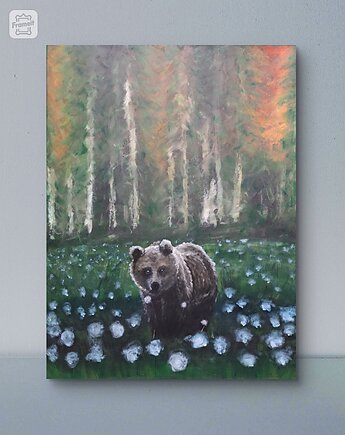 "Spotkanie" - Obraz olejny płótno 60x80 las natura łąka niedźwiedź, kkjustpaint Karolina Kamińska