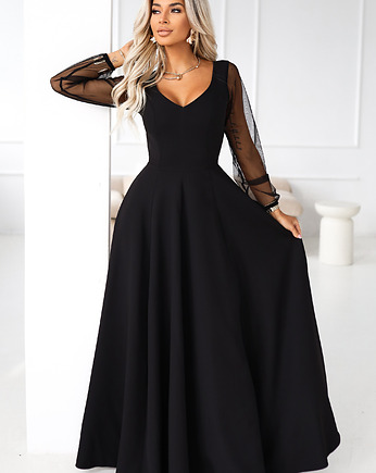 640-2 LORETTA Długa sukienka z tiulowymi rękawami i dekoltem - czarna, NUMOCO