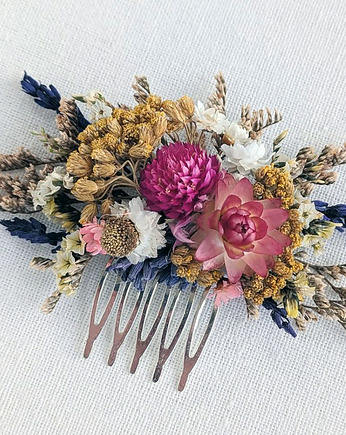 Grzebyk do włosów z naturalnymi kwiatami różowa łąka, Kwiaty i pióra