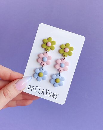 Wiosenne kolczyki potrójne kwiatki zieleń róż niebieski, poCLAYone