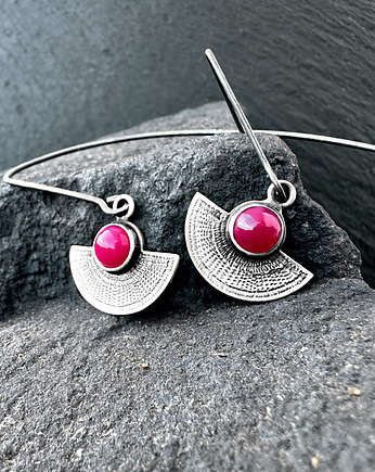 Orientalne kolczyki srebrne wachlarze z agatem  fuksja, SHAMBALA