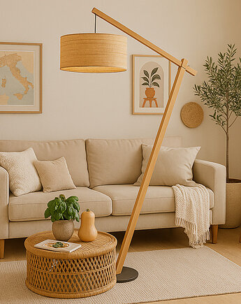 Drewniana lampa stojąca z rattanowym kloszem TORINO BOHO, LYSNE