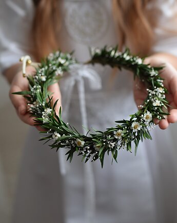 Komunijny wianek na głowę z stabilizowanych i suszonych kwiatów, Projekt wianki