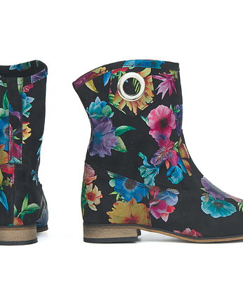 BOTKI NA PŁASKIEJ PODESZWIE-SKÓRA NATURALNA-MODEL 270 - KOLOR KOLOROWE KWIATY, Zapato