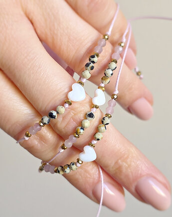 Bransoletka na sznurku masa perłowa, kwarc różowy, jaspis dalmatyński, Magneska