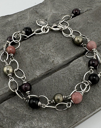 Turmalin, rodonit, granat, piryt - bransoletka, RayOfArt
