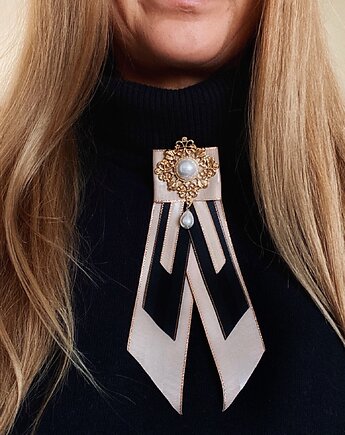 Brosza / Krawatka czarno złota z perłą NEW, Pudrowy Różowy