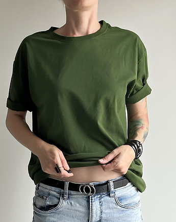 Basic luźny tshirt oversize Butelkowozielony, ONE MUG A DAY