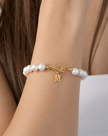 Bransoletka z pereł 8mm i srebra 925 pozłacanego (literka do wyboru), Coccola JEWELLERY