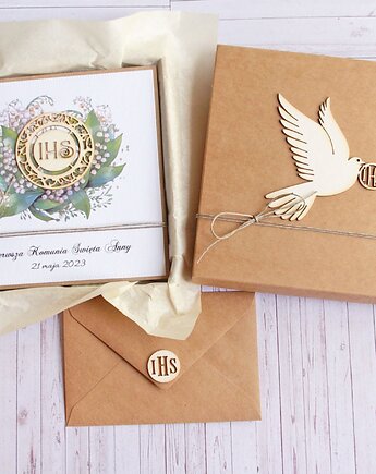 Kartka, personalizacja, pudełko, koperta : KONWALIE : gołąb ihs, kaktusia