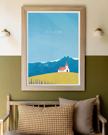 Plakat Islandia - kościół Reyniskirkja z czerwonym dachem, minimalmill