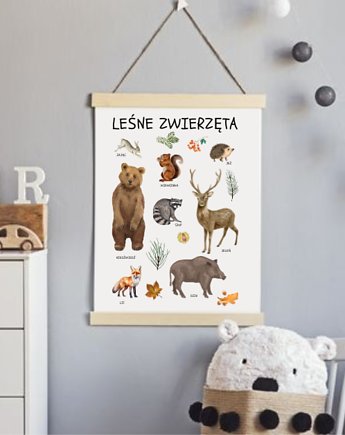 PLAKAT DLA DZIECKA las leśne zwierzęta, black dot studio