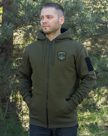 Bluza męska z kapturem rozpinana ZAMGLONY LAS khaki, Szwendam sie