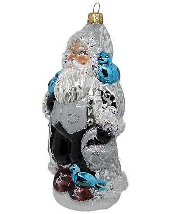 Ręcznie malowana szklana bombka zdobiony srebrny Mikołaj z ptakami, STARGLASS