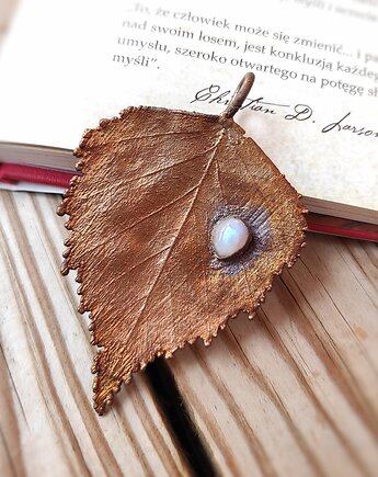 Liść brzozy miedziany z kamieniem księżycowym wisior, Treemasters Copper Jewelry