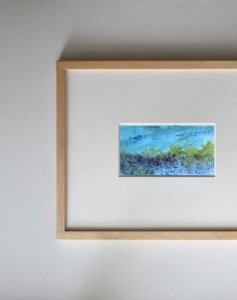 Akwarela Pejzaż wrzosowisko oryginalny obraz niebieski papier 10,5x22 cm, Kwitnace