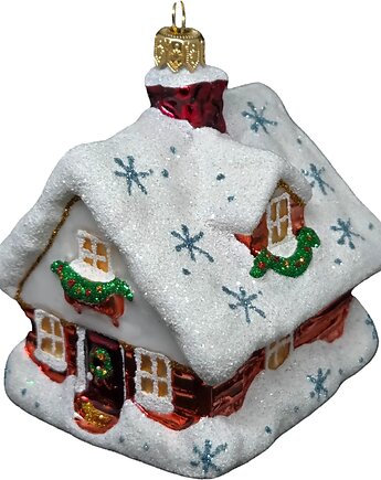 Ręcznie malowana szklana bombka czerwony zimowy domek ze śnieżnym dachem, STARGLASS
