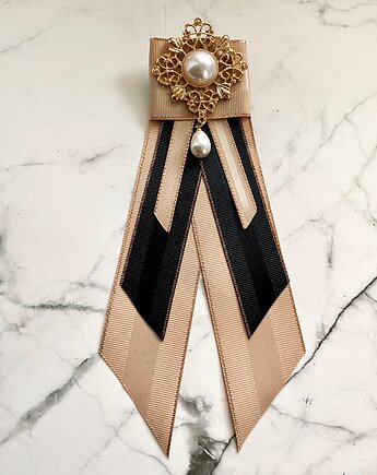 Brosza / Krawatka czarno złota z perłą NEW, Pudrowy Różowy