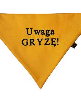 Żółta bandana, chustka, apaszka dla psa Uwaga gryzę!, Psia szafa