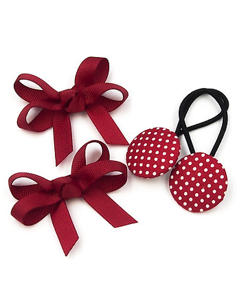 Komplet do włosów gumki i spinki kokardki Dottie Red, Momilio
