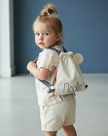 Bawełniany mini plecak miś z imieniem Nadia, raspberi
