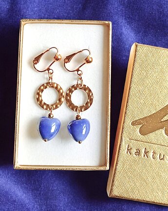 Klipsy długie : serduszka ceramiczne : niebieskie, kaktusia