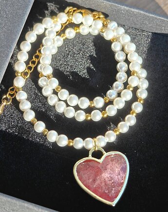 Klasyczny naszyjnik perłami i sercem z kwarcu, NESSING handmade