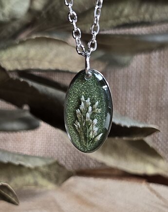 Srebrna zawieszka jajowata suszone kwiaty zboża zielona, zkwiatem
