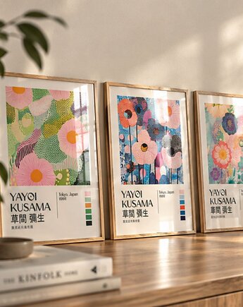 ZESTAW 3 plakatów Yayoi Kusama abstrakcja kwiaty pastelowe, black dot studio