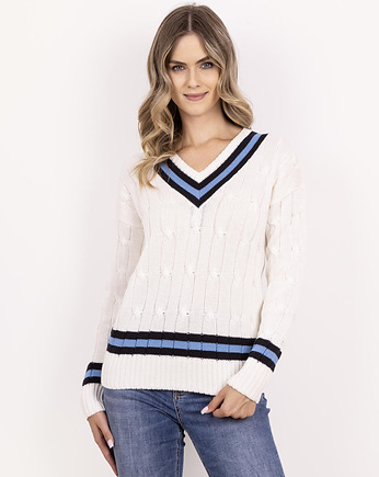 Sweter z ozdobnym dekoltem w serek - SWE304 ecru/granat/niebieski MKM, MKMswetry